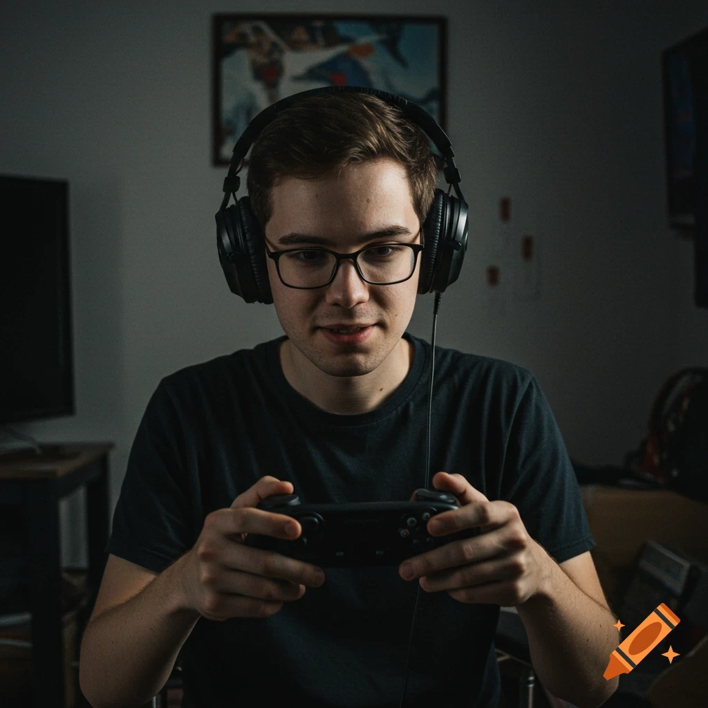 A young man with headphones and glasses plays a video game, holding a controller in a dimly lit room.