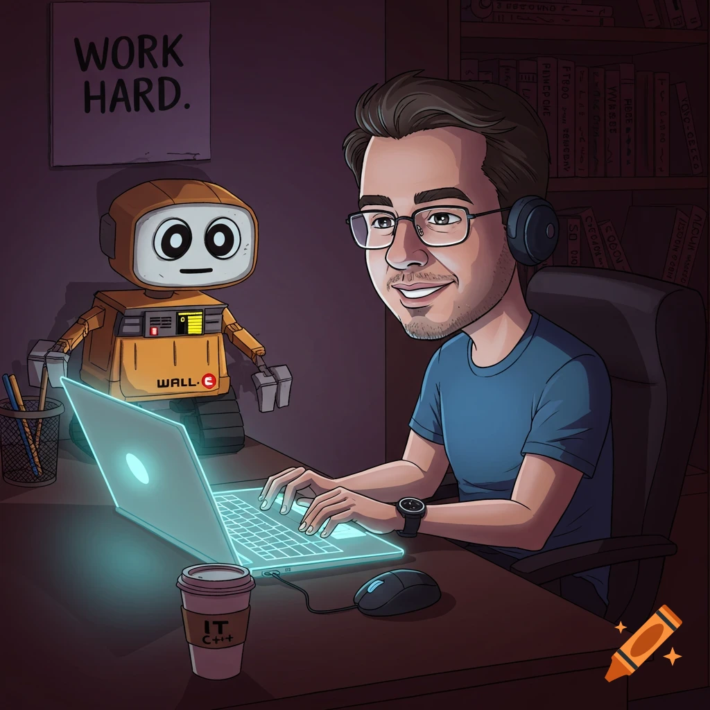 Cartoon illustration of a man working at a desk with a laptop and a Wall-E robot.