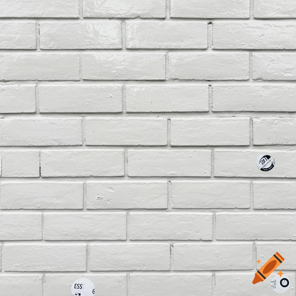 Close-up of a white brick wall with glossy paint and a few small stickers.