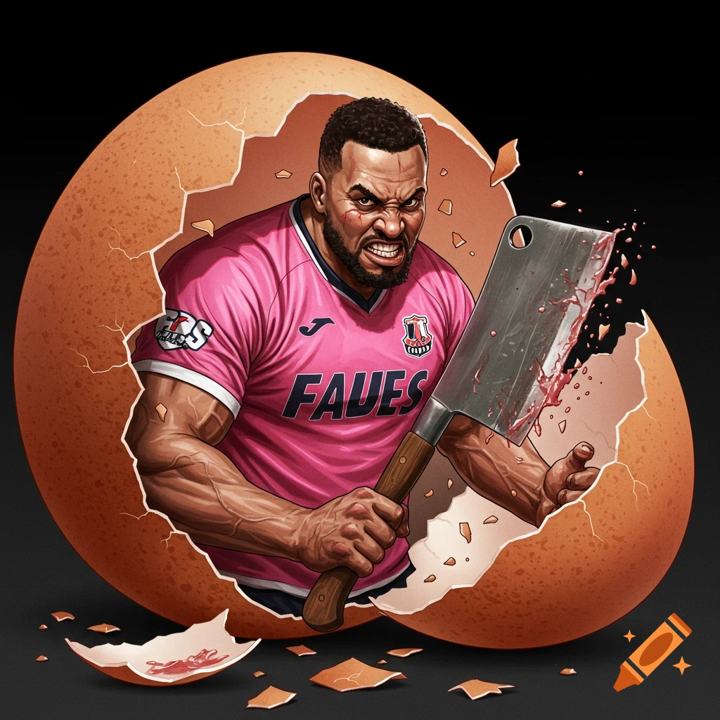 Muscular man in pink jersey bursts from cracked egg, wielding a bloody meat cleaver. Stylized illustration.