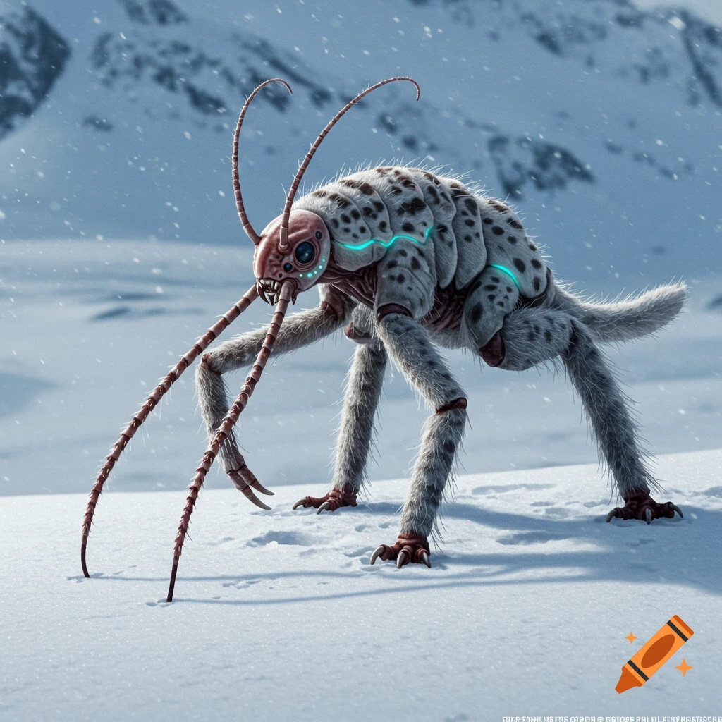 A large, furry insectoid creature with glowing blue markings stands in a snowy mountain landscape.