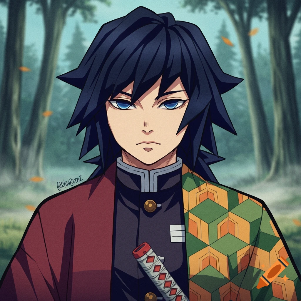 Anime portrait of Giyuu Tomioka with a split haori in a forest