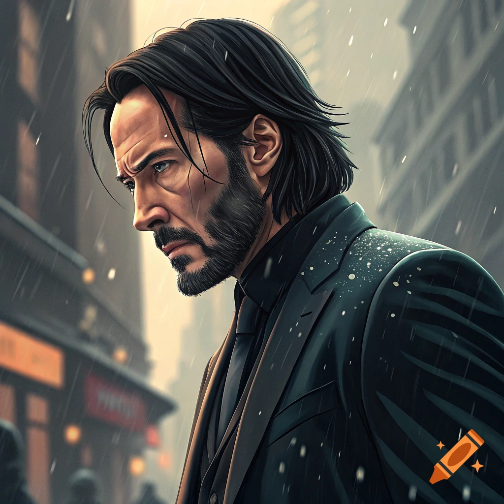 Stylized portrait of John Wick standing in the rain.