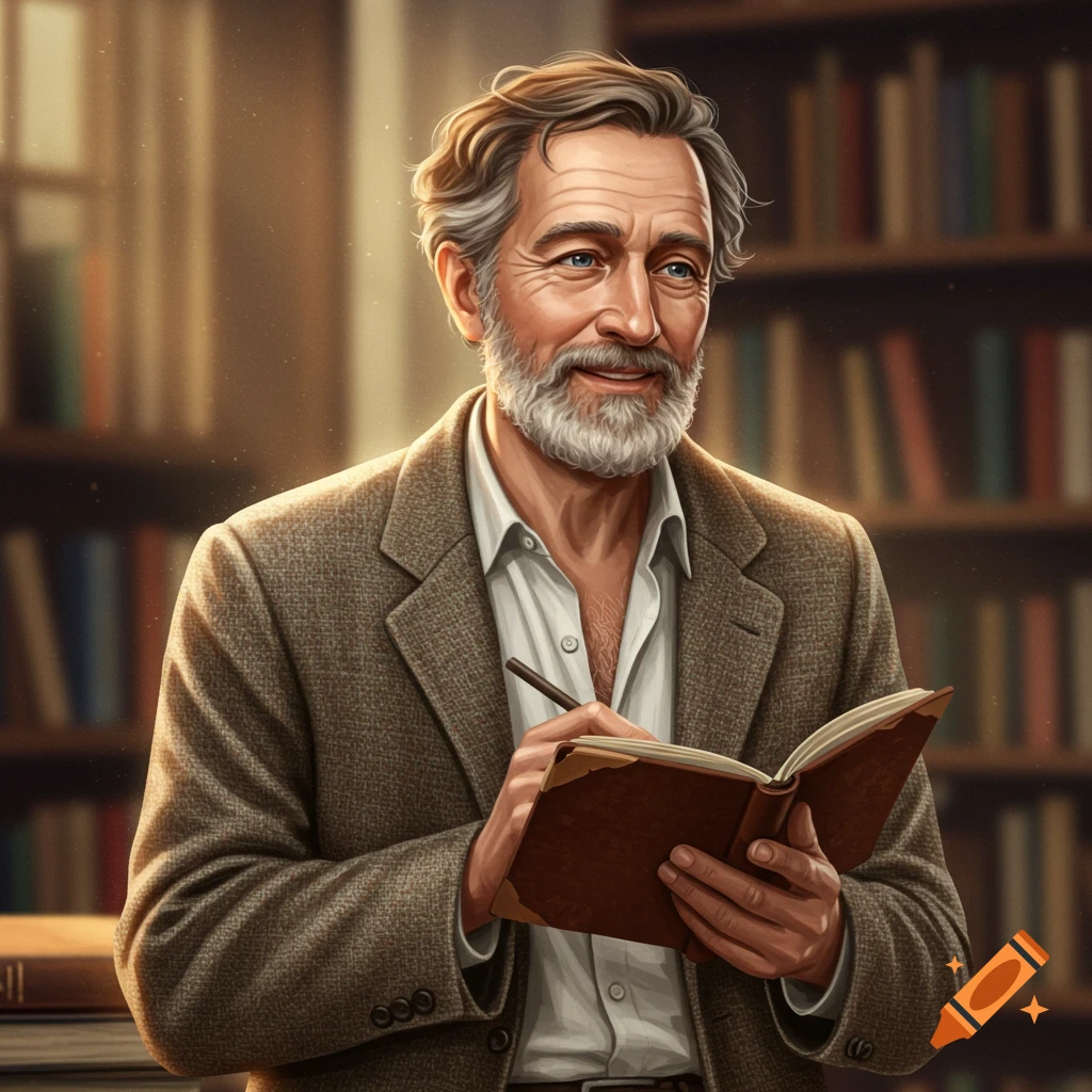 An old man with a beard writing in a book in a library.