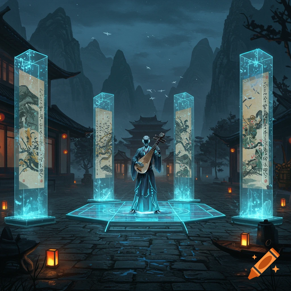 A figure plays an instrument among glowing futuristic scrolls in a traditional Asian setting at night.