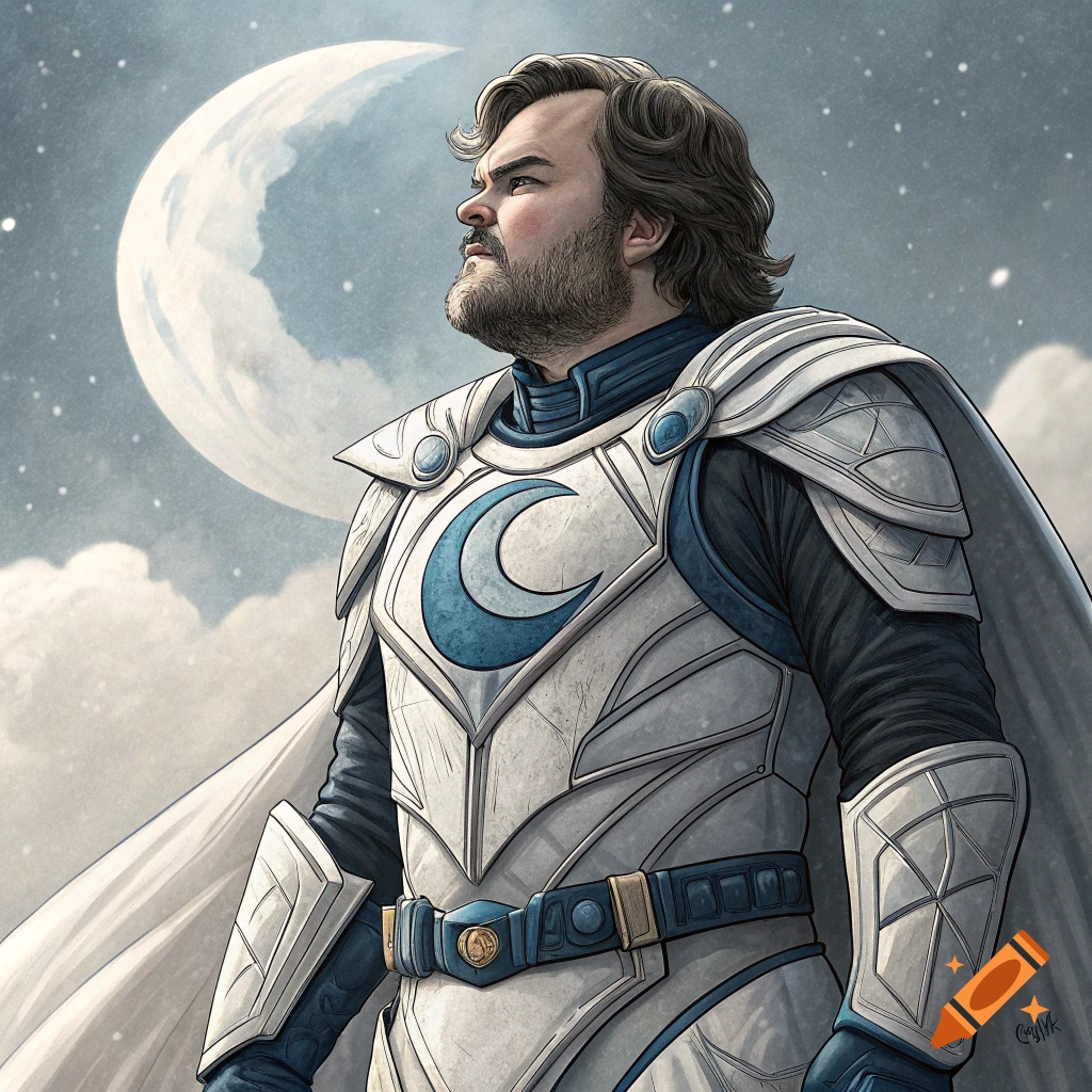 Stylized drawing of Jack Black in Moon Knight armor looking up at a large moon
