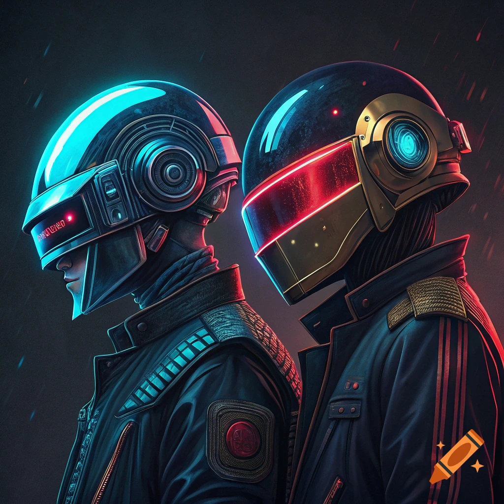 Two figures wearing futuristic helmets and jackets, resembling Daft Punk.