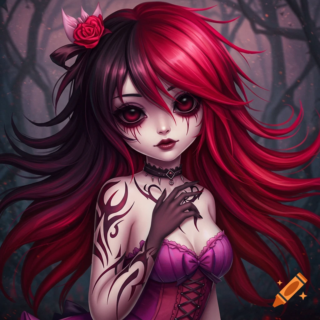 Stylized anime gothic girl with red and black hair, large red eyes, tattoos, and a corset.