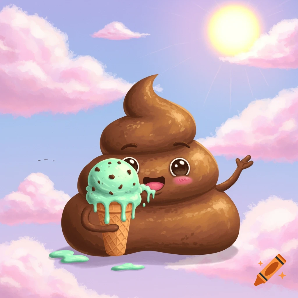 Cartoon poop character holds a melting mint chocolate chip ice cream cone in a pastel sky with clouds.