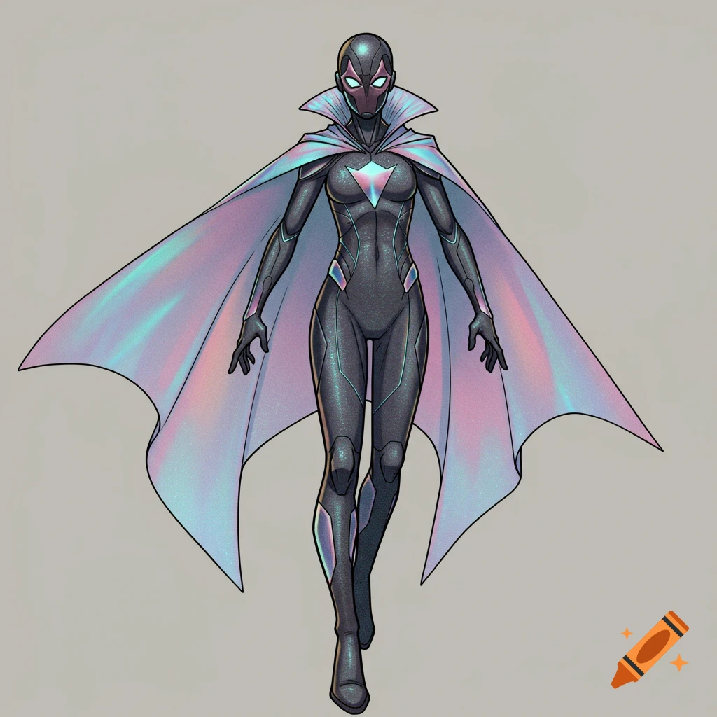 A female superhero is shown in a black and iridescent costume and cape.