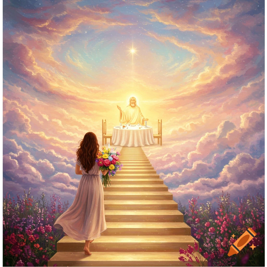 A woman ascending steps towards a radiant figure at a table in a cloudy heaven with flowers.