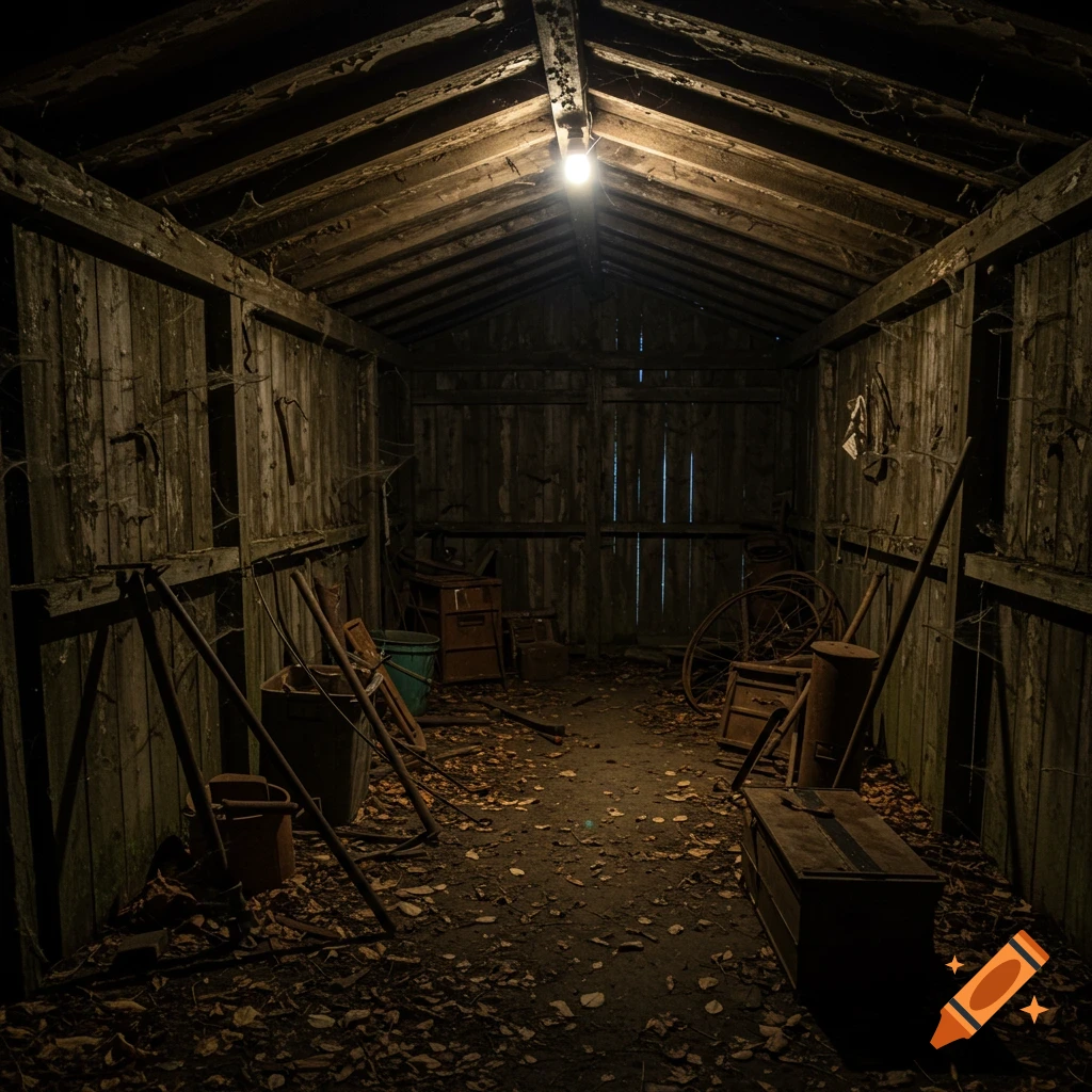 A dimly lit interior of a run-down wooden shed at night, filled with old tools and scattered leaves on the floor. Photorealistic.