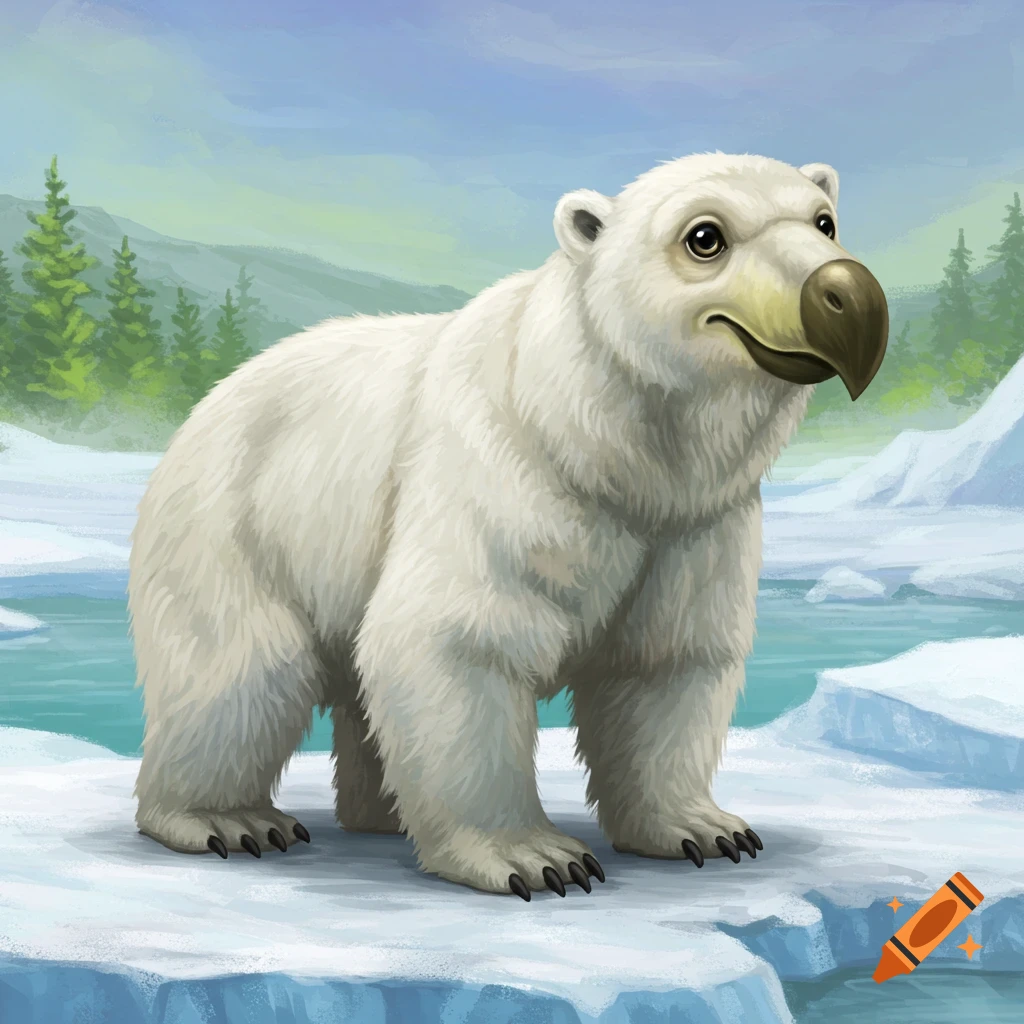 A hybrid dodo bird and polar bear creature standing on ice floes in the arctic.