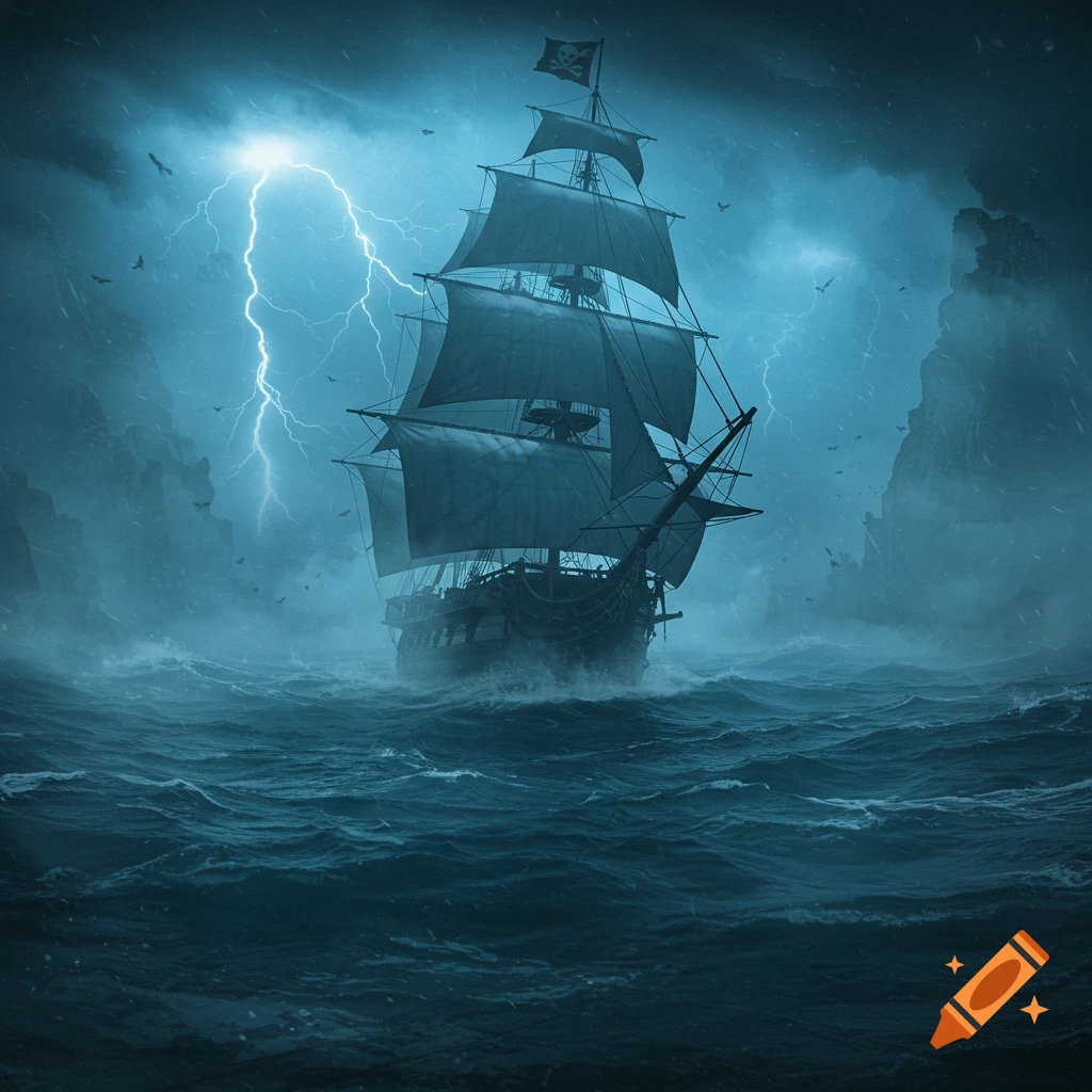A pirate ship sails through a stormy sea with lightning.