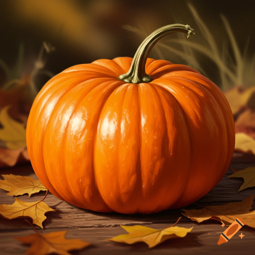 An orange pumpkin sitting on a wooden surface surrounded by fallen yellow and brown leaves in autumn.