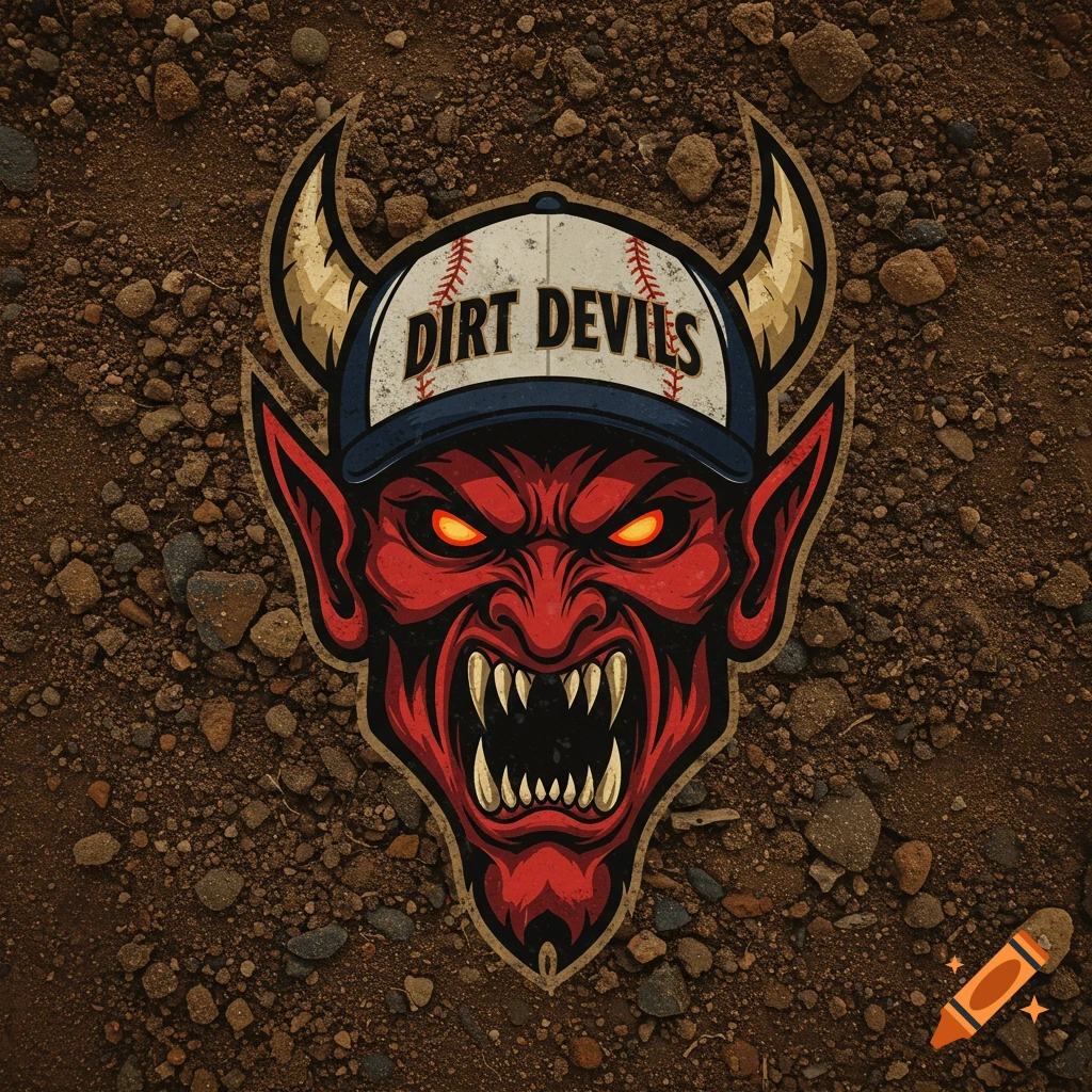 Stylized logo of a red devil head with horns wearing a baseball cap that says "Dirt Devils", on a dirt background.