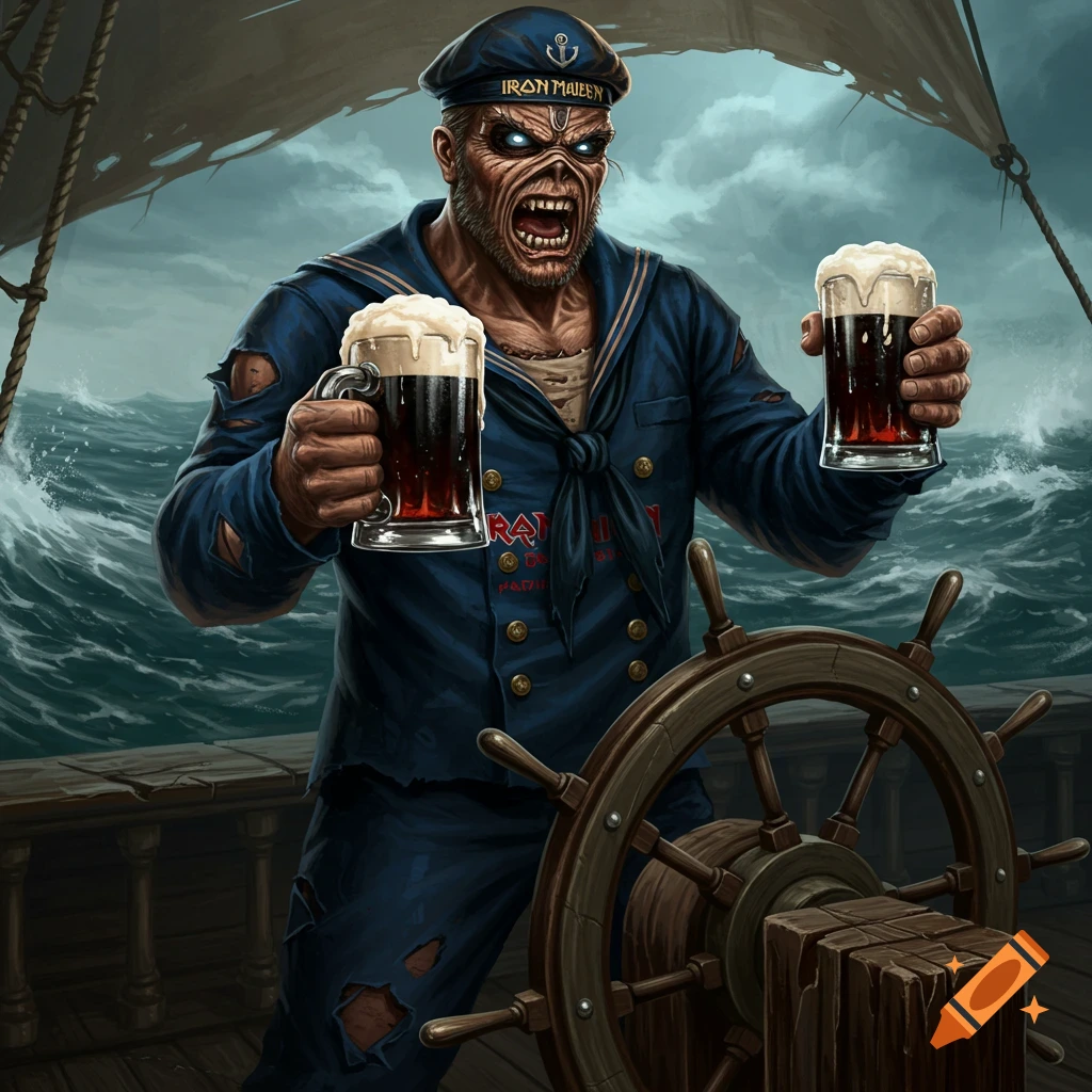 Stylized monstrous sailor holds two beers at ship's helm during a storm.