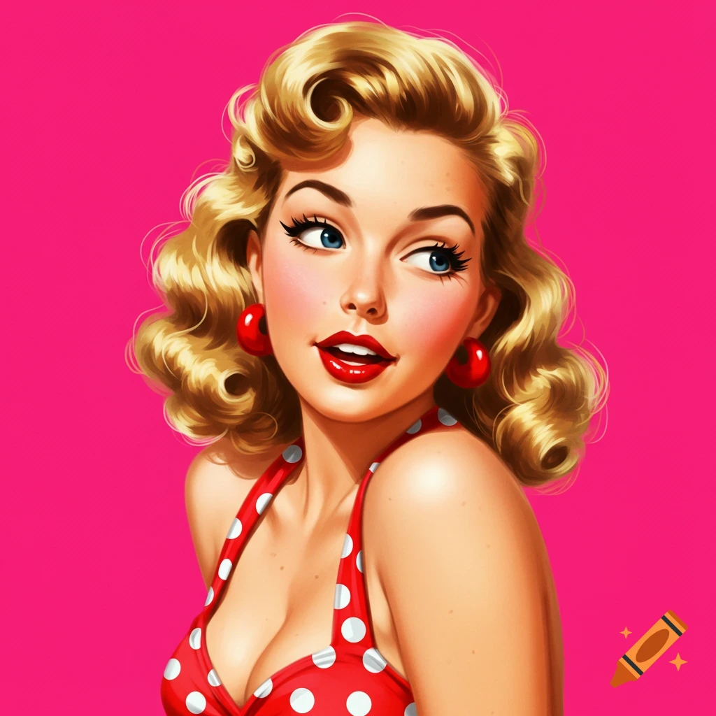 A vintage pinup girl with blonde curly hair and red polka dot top