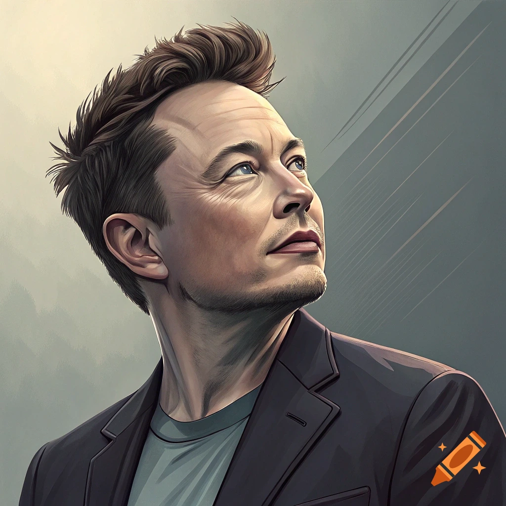 Illustrated portrait of Elon Musk looking up.