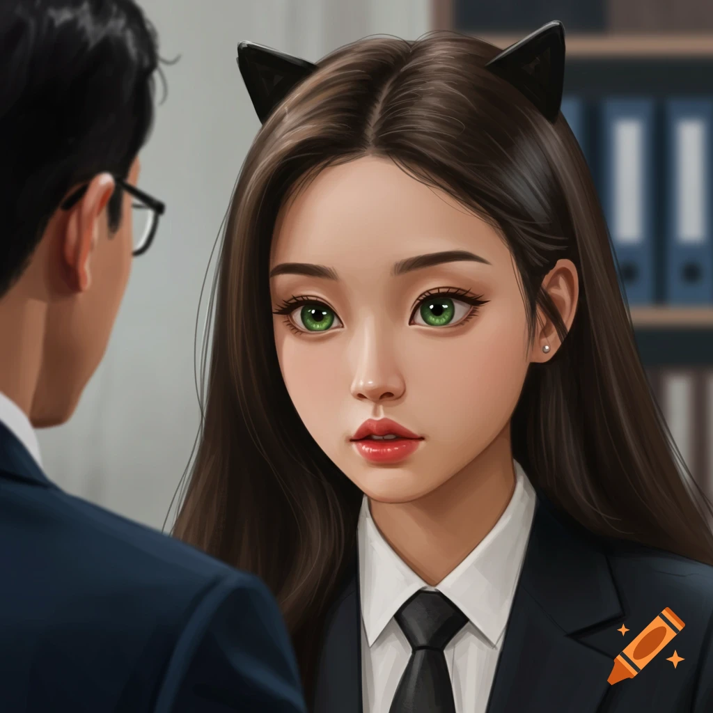 A woman in a business suit with large green eyes and cat ears.