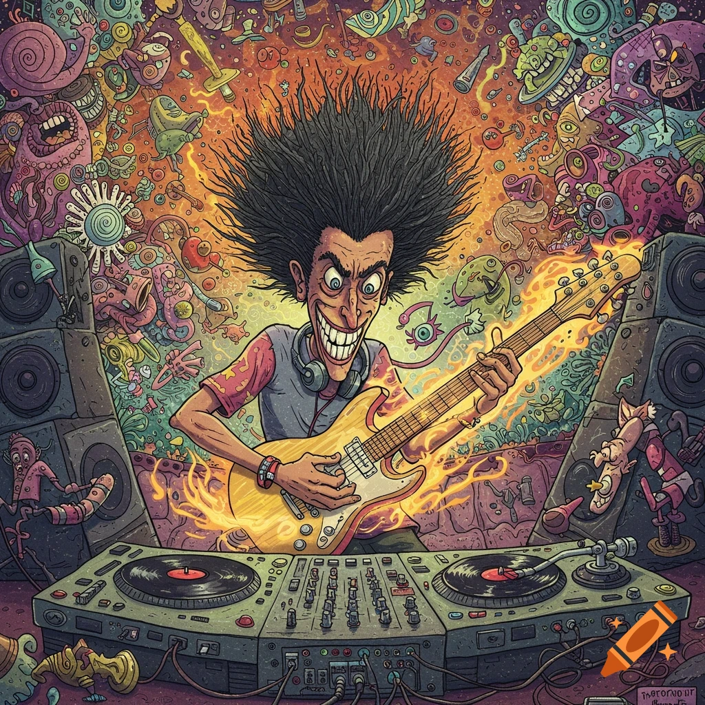 Cartoon character playing guitar in a trippy, colorful scene with DJ turntables