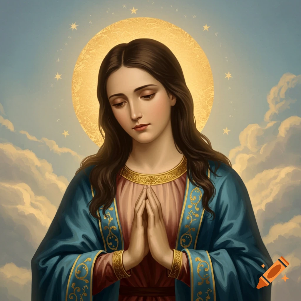 The Virgin Mary with a halo and stars, hands clasped in prayer, against a cloudy sky.