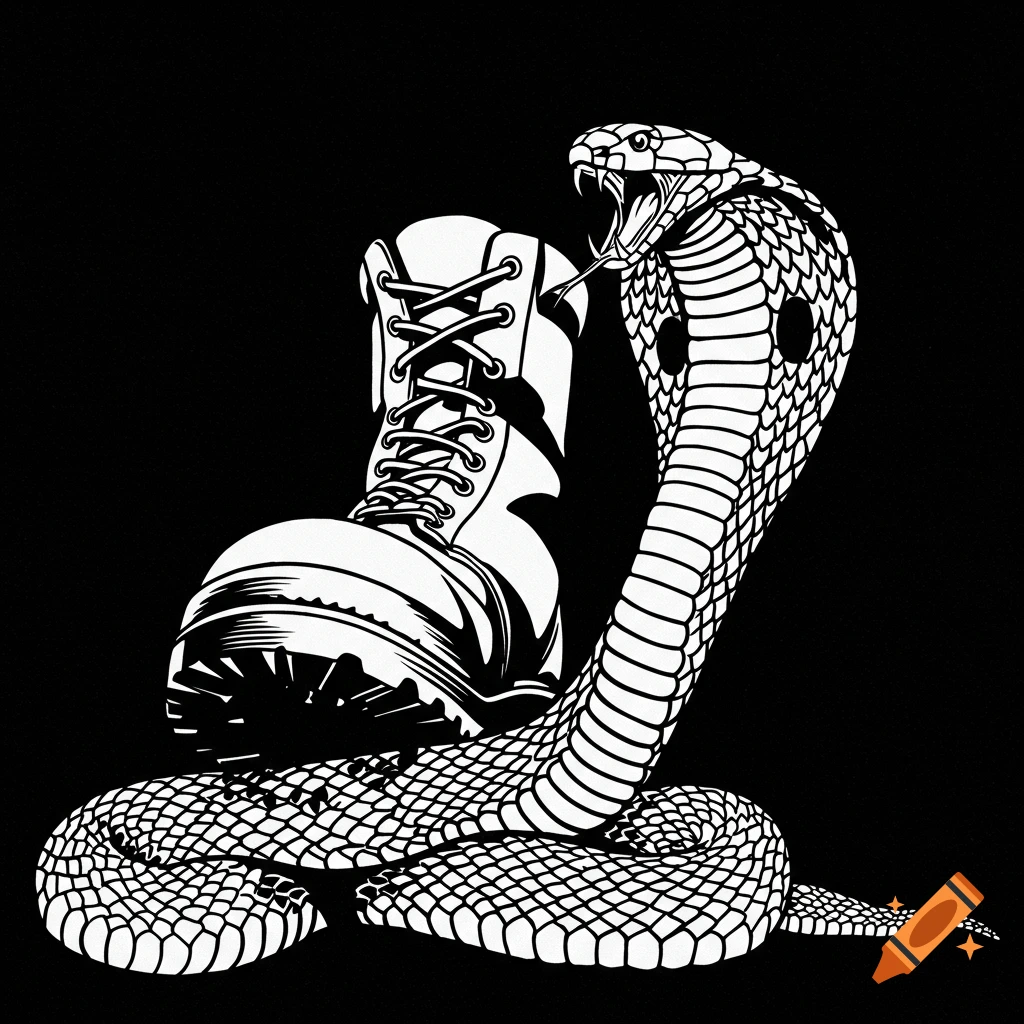 A black and white stencil-style illustration of an army boot stepping on a king cobra snake which is biting the boot.