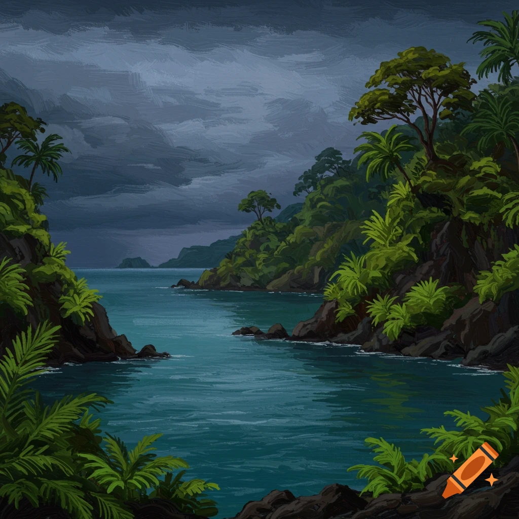 A tropical bay with lush green vegetation under a dark, cloudy sky.