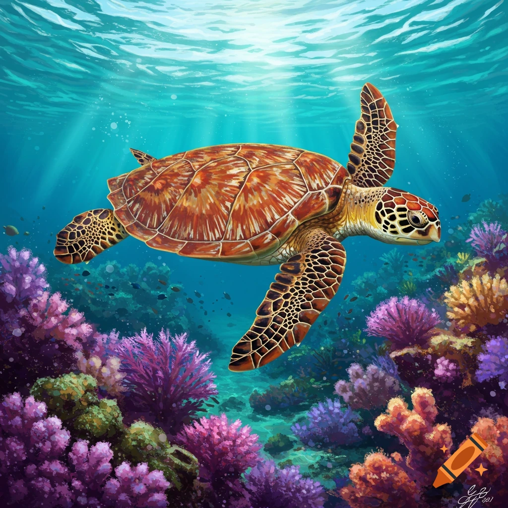 A sea turtle swimming over a vibrant coral reef with sunlight rays