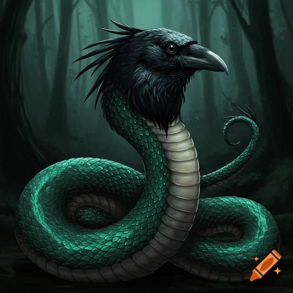 A green snake body with a black crow head in a dark forest.