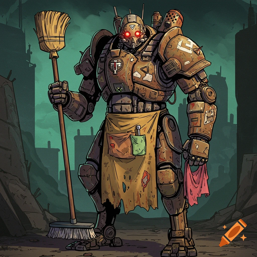 A rusty, armored mech robot with glowing red eyes wears an apron and holds a broom and a cloth in a ruined city.
