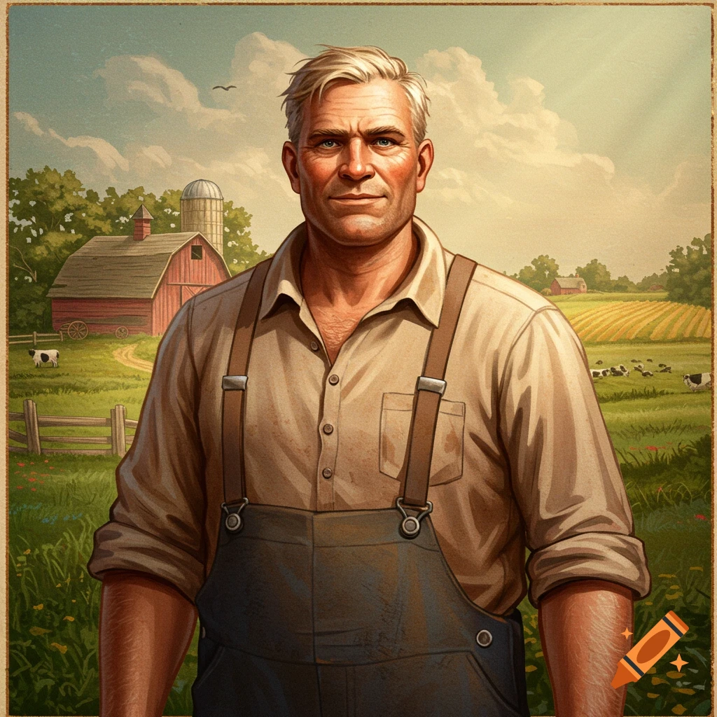 A farmer standing in front of a barn and field.