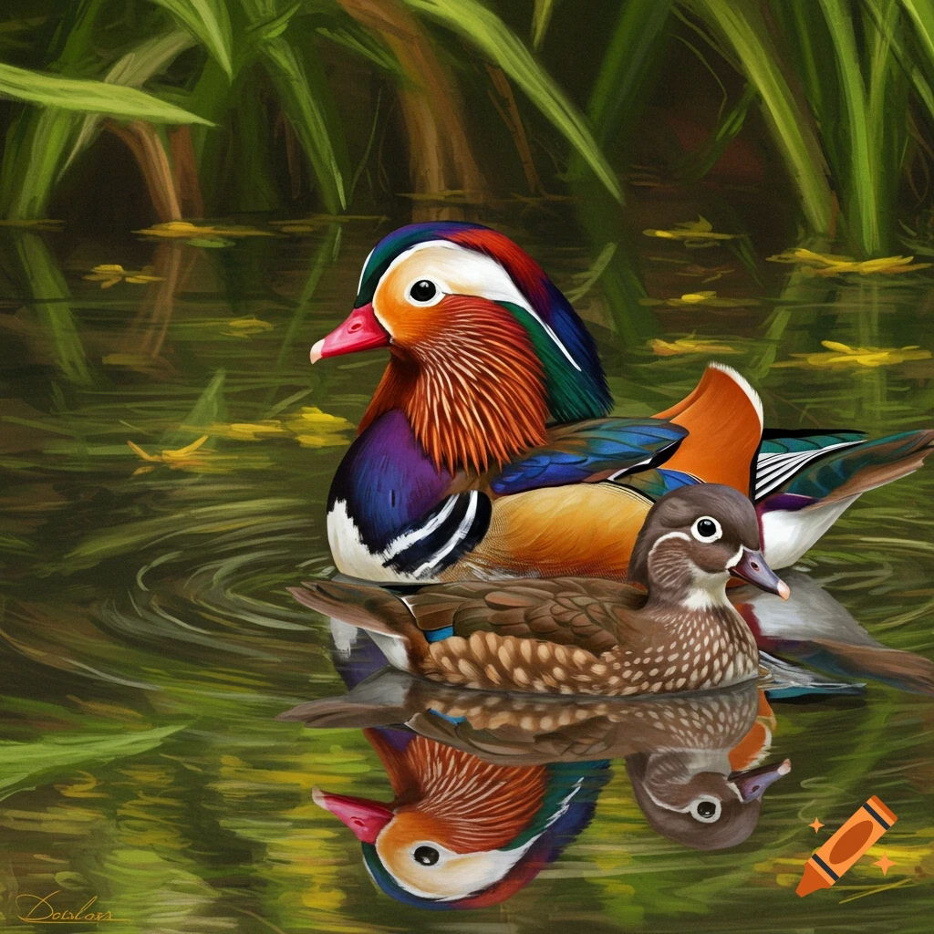 Two ducks, one a colorful Mandarin duck, swimming in a pond with reflections.