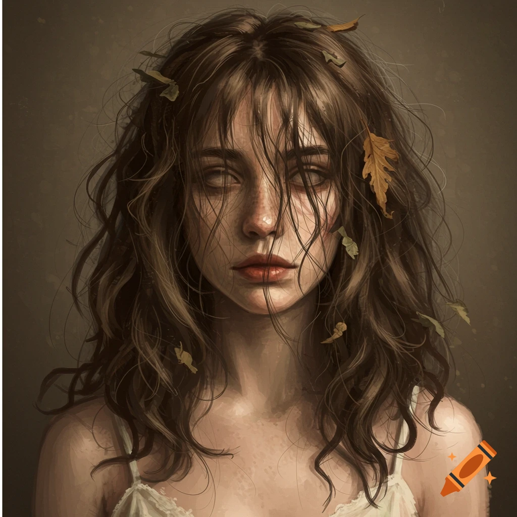 A portrait of a woman with messy brown hair, leaves, and a blurred face, wearing a white nightie.