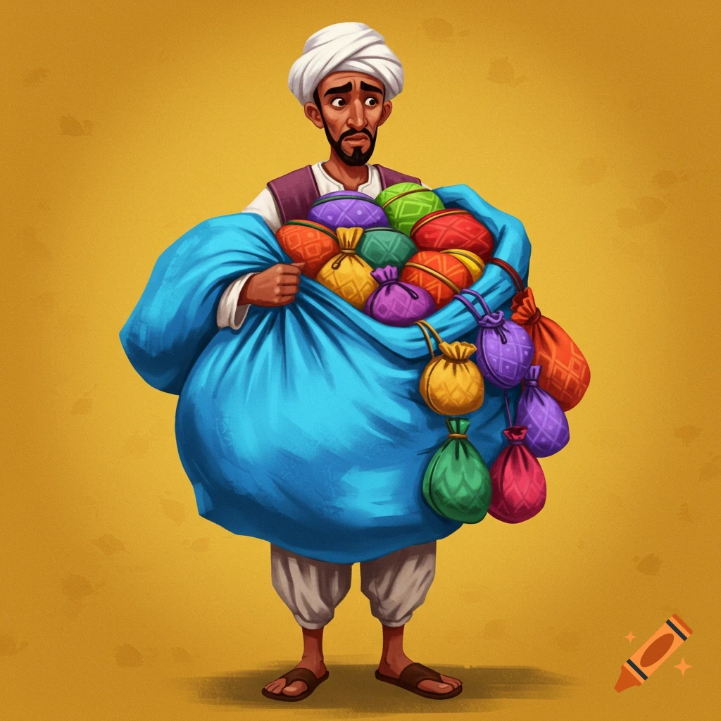 A man in a turban is carrying a large bag filled with colorful smaller bags.