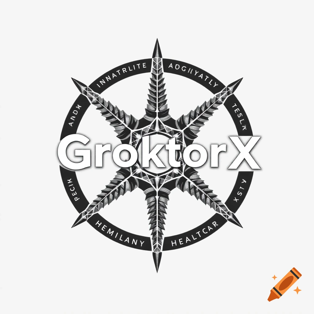 A bold black and white logo with the word "GroktorX" in the center, surrounded by an 8-pointed star design and circular text.