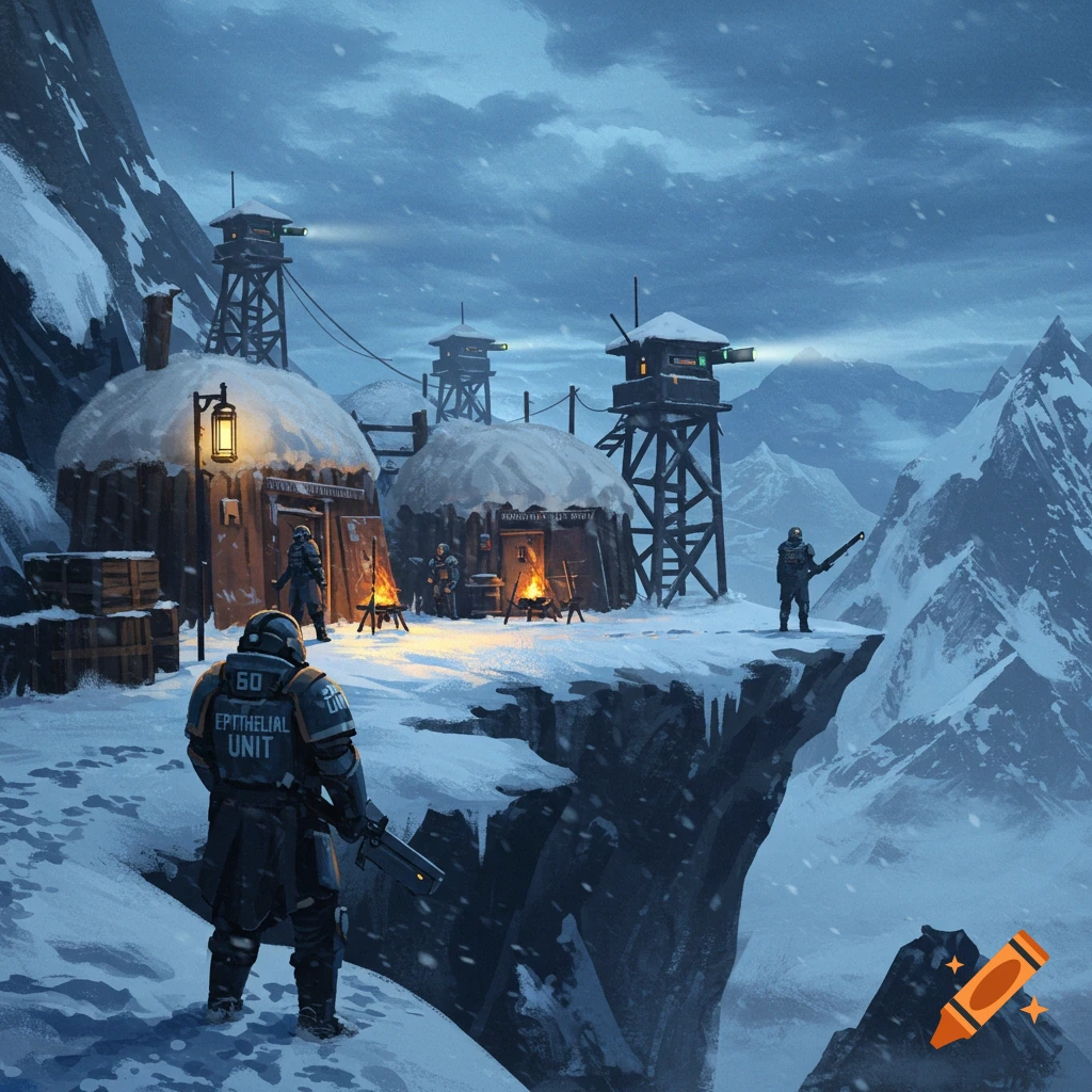 A snowy mountain outpost with soldiers.