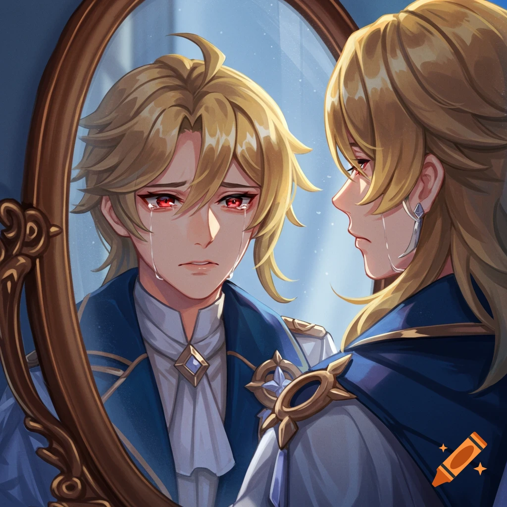 A male character with blonde hair and red eyes crying while looking in a mirror.