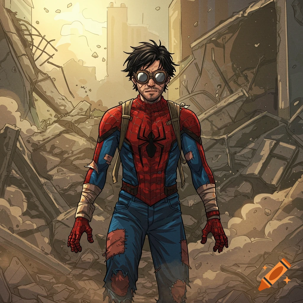 A man in a damaged Spiderman suit with goggles and a backpack stands in a ruined city.