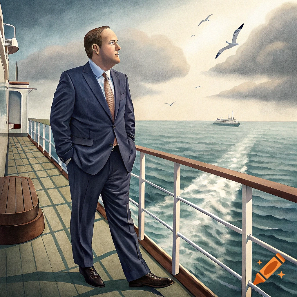 Illustration of a man in a suit standing on a ship deck looking out at the sea with seagulls flying overhead.