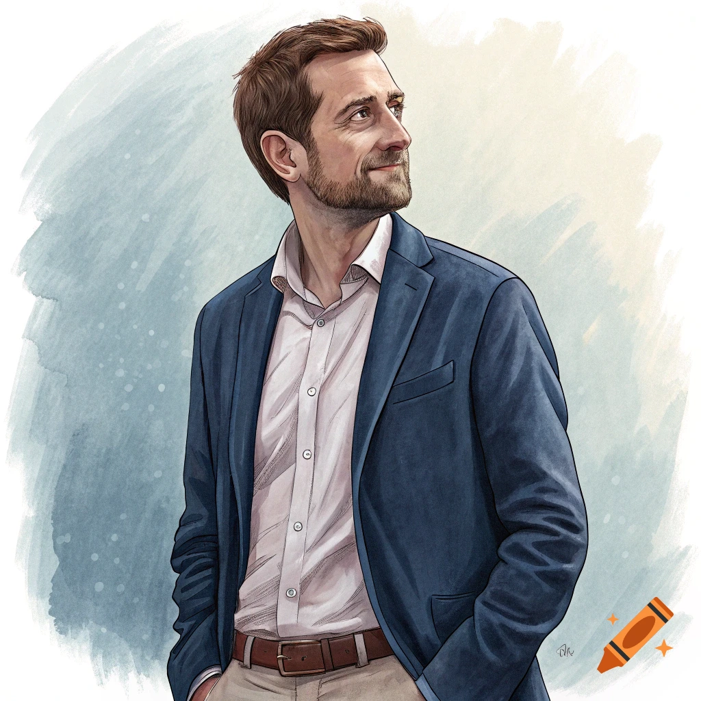 Watercolor portrait illustration of a man in a blue blazer looking to the side.