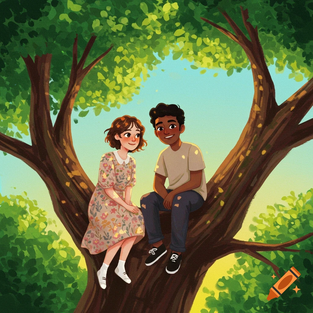 Two young people sit in a tree branch, smiling. Digital illustration.