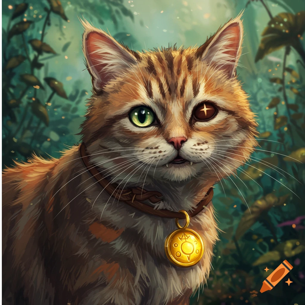 An orange tabby cat with mismatched eyes is in a fantasy forest