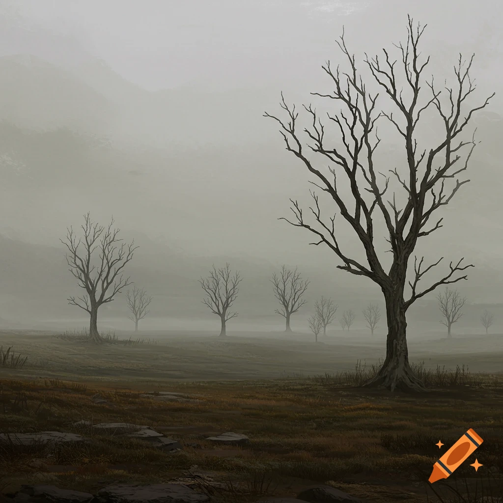 A foggy landscape with bare trees.