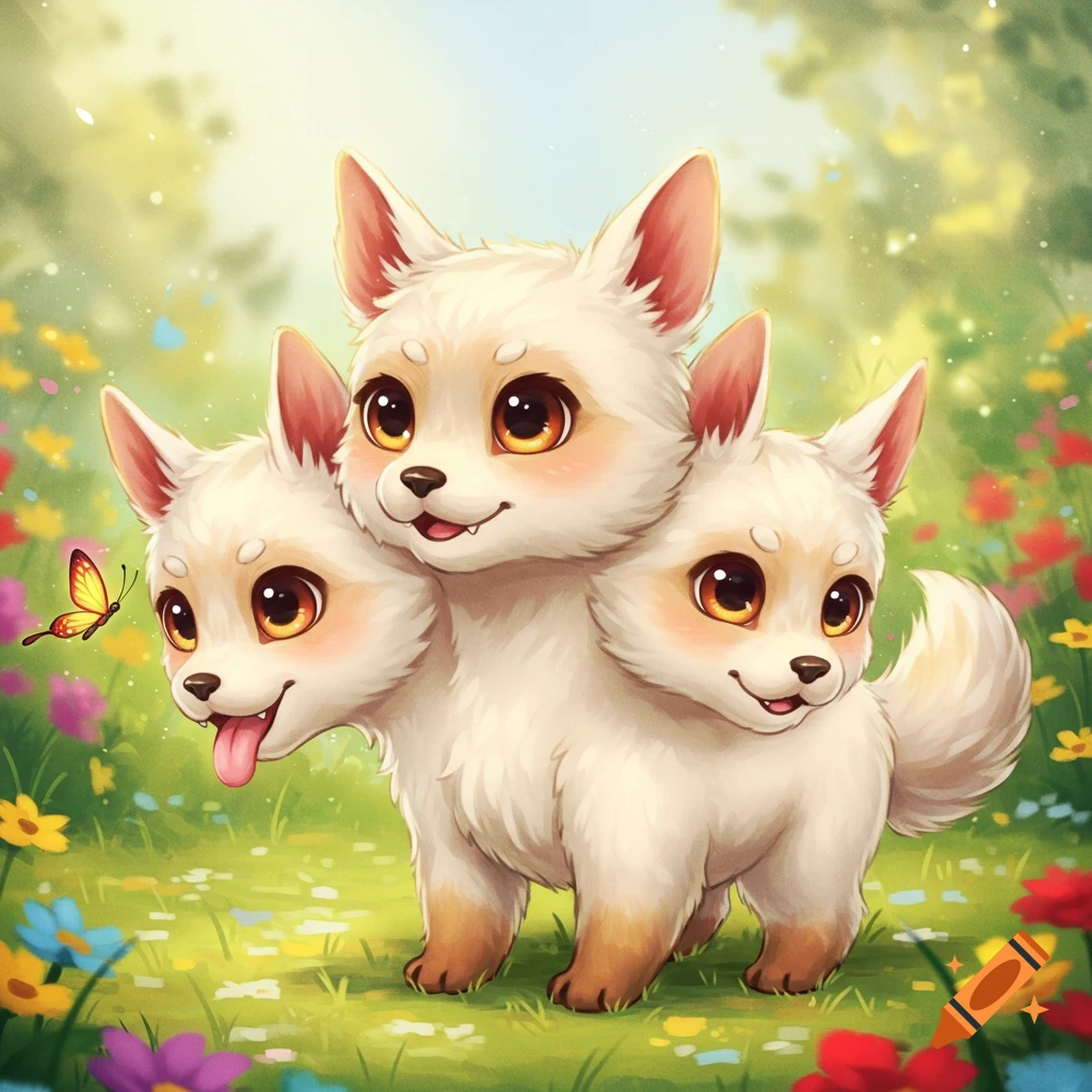 Cute three-headed Cerberus puppy in a field of colorful flowers.