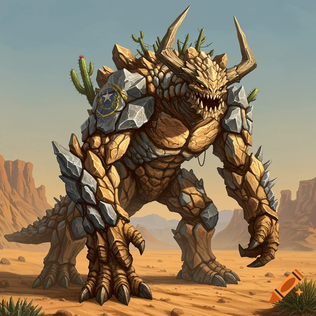 Fantasy illustration of a rock and sand monster with cacti on its back in a desert landscape.