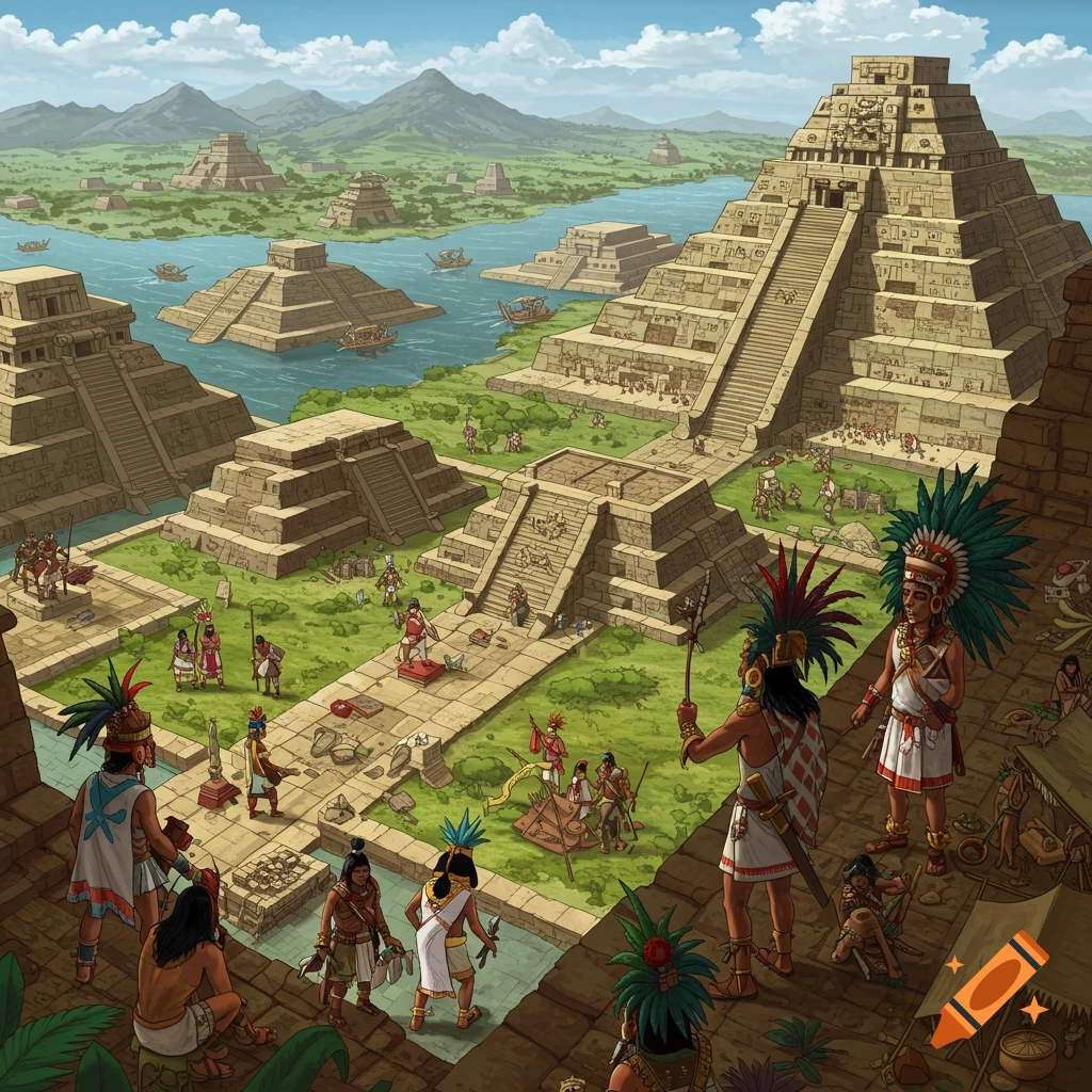An ancient Aztec city with pyramids, temples, people, and boats on a river.