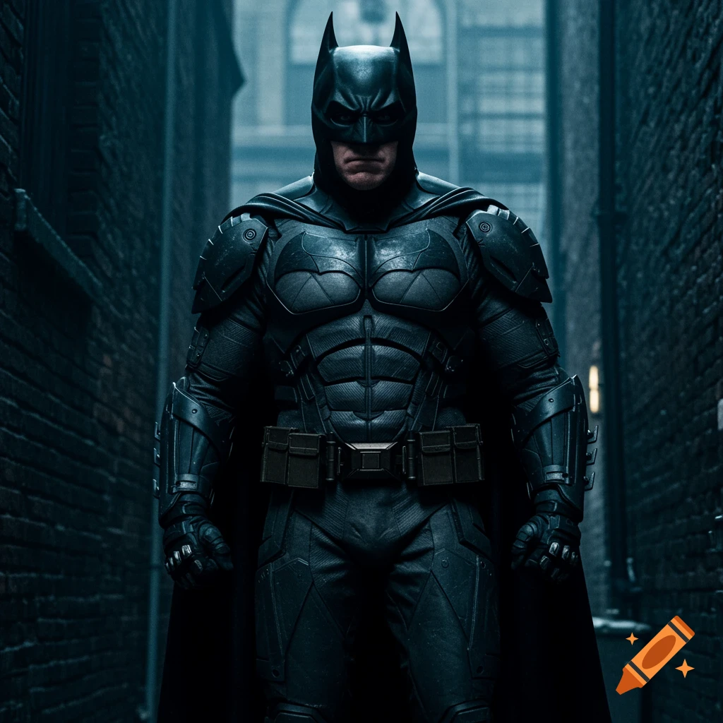Batman stands in a dark alleyway wearing a detailed suit, in a cinematic style.