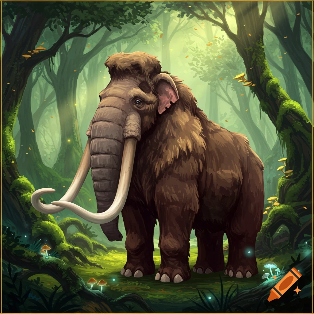 A woolly mammoth standing in a luminous magical forest.