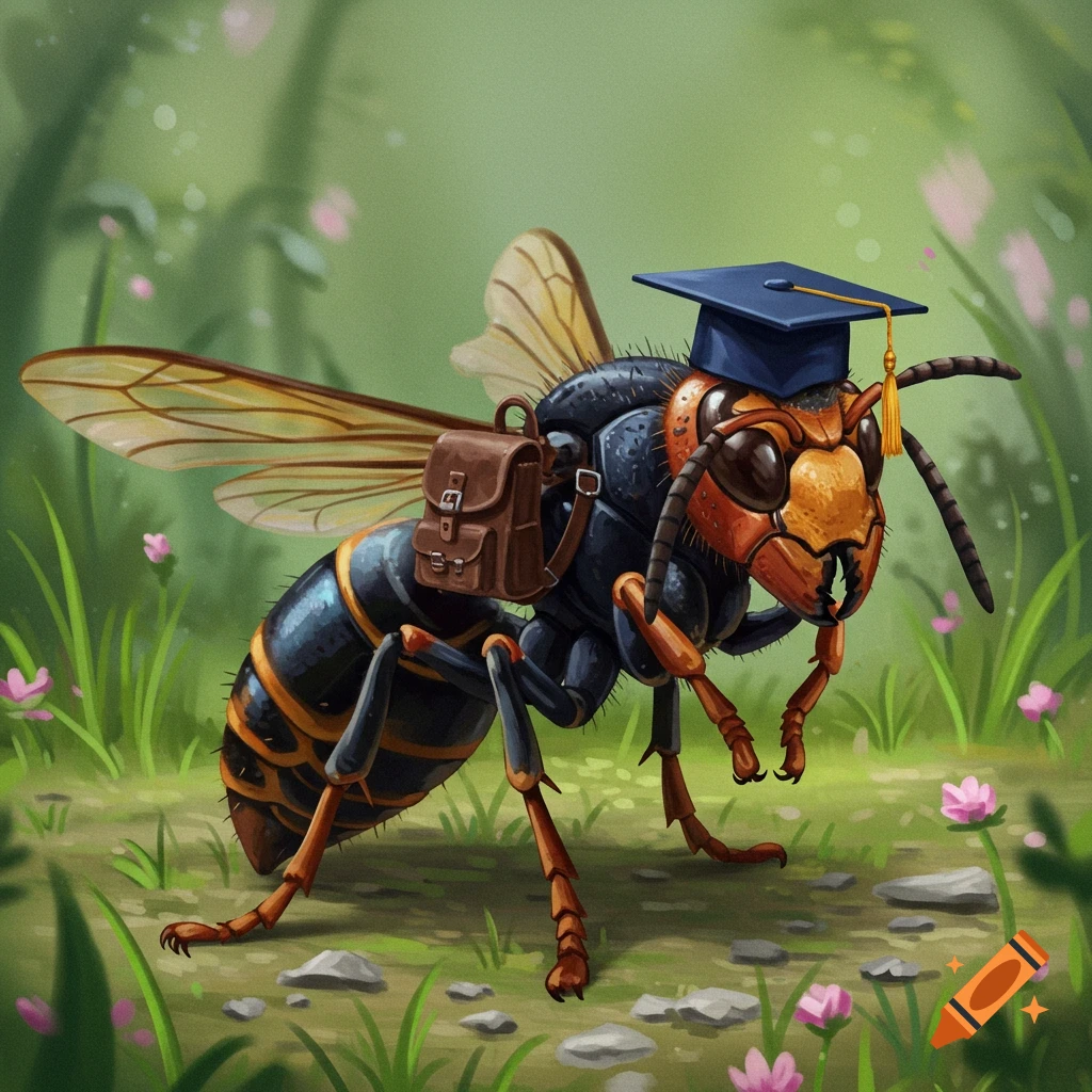 A hornet wearing a backpack and graduation cap in a garden.
